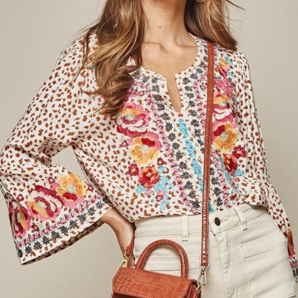 Savanna Jane Natalia Embroidered Boho Top - Leopard Spots Size Small